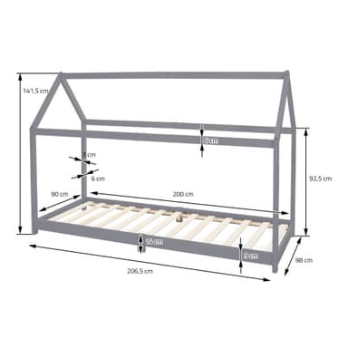ML Design Spjälsäng 90x200cm med tak och slatt ram, ljusgrå, husbädd för tjejer