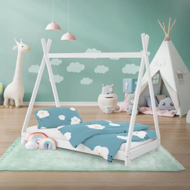 ML Design cot tipi 80 x 160cm med slatt ram, vit, indisk säng gjord av massivt