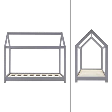ML Design Spjälsäng 70x140 cm med tak och slatt ram, ljusgrå, husbädd för tjejer