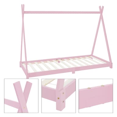 ML Design cot tipi 90 x 200cm med slatt ram, rosa indisk säng gjord av massivt