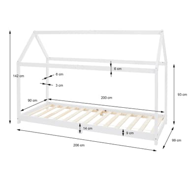 ECD Germany spjälsäng 90x200 cm med ribbotten och tak, ungdom säng för barn av