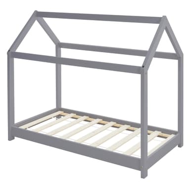 ML Design Spjälsäng 70x140 cm med tak och slatt ram, ljusgrå, husbädd för tjejer