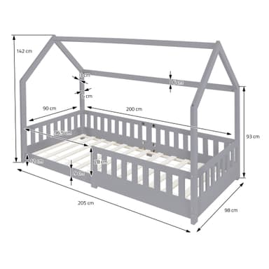 Barnsäng Fall-Out Protection Barns grå säng Trä säng 200x90cm Pine Wood