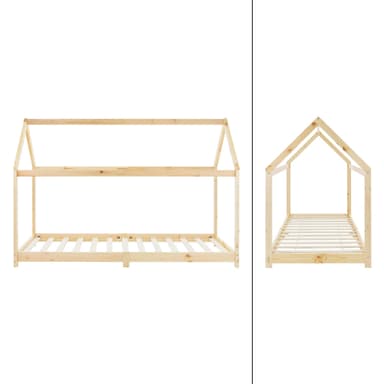 ML Design Spjälsäng 90 x 200 cm med tak och slattram, natur, husbädd för tjejer