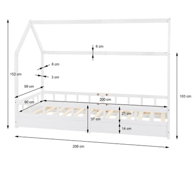ECD Germany spjälsäng 90x200 cm med fel skydd, lister och tak, ungdom säng för