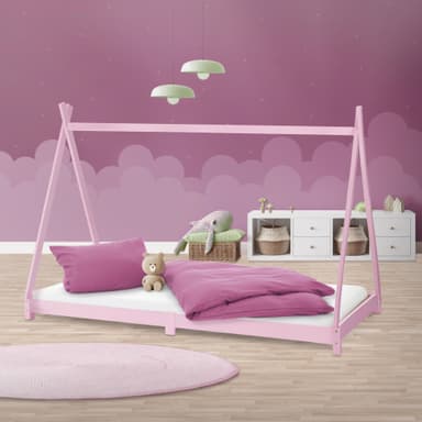 ML Design cot tipi 90 x 200cm med slatt ram, rosa indisk säng gjord av massivt
