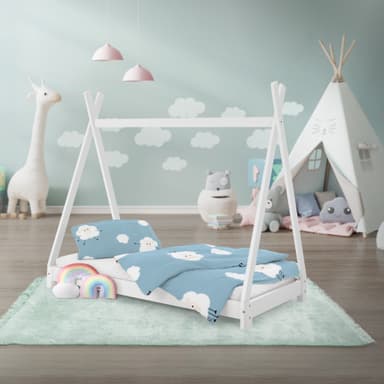 ML Design cot tipi 70 x 140 cm med slatt ram, vit, indisk säng gjord av massivt