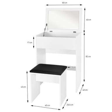 Klädbord med spegel inkl. pall 60x40x122 cm Vit MDF ML-Design