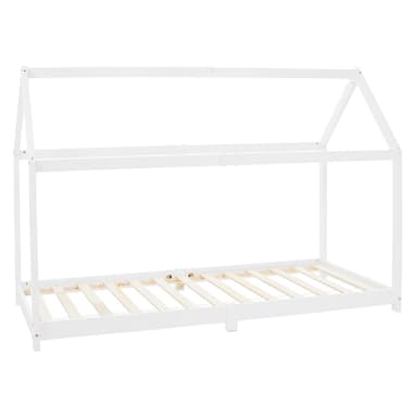 ML Design Spjälsäng 90x200cm med tak och slattram, vit, husbädd för tjejer och