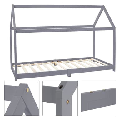 ML Design Spjälsäng 90x200cm med tak och slatt ram, ljusgrå, husbädd för tjejer