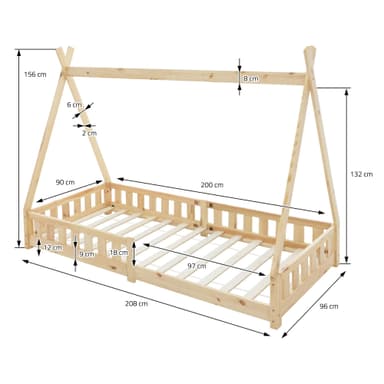 Barnsäng Teepee Nature Fall-Out Protection Wooden Bed House Bed Pine Wood