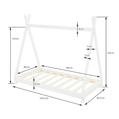 ML Design cot tipi 80 x 160cm med slatt ram, vit, indisk säng gjord av massivt