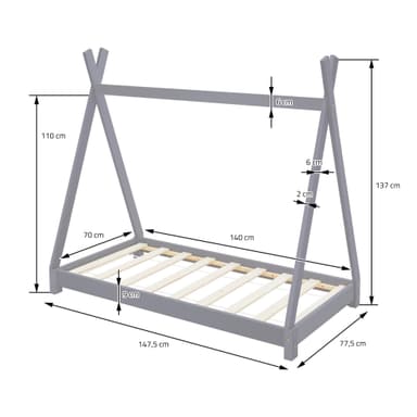 ML Design cot tepi 70 x 140 cm med slatt ram, ljusgrå, indisk säng gjord av