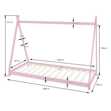 ML Design cot tipi 90 x 200cm med slatt ram, rosa indisk säng gjord av massivt