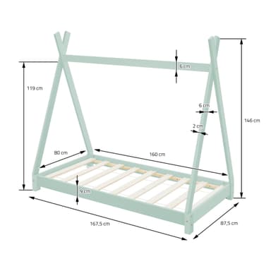ML Design cot tipi 80 x 160 cm med slatt ram, mint, indisk säng gjord av massivt