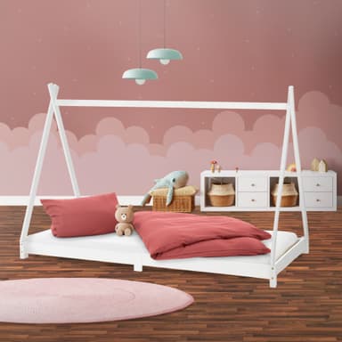 ML Design cot tipi 90 x 200cm med slatt ram, vit, indisk säng gjord av massivt