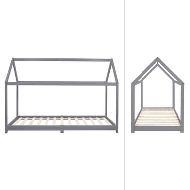 ML Design Spjälsäng 90x200cm med tak och slatt ram, ljusgrå, husbädd för tjejer