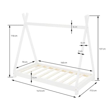 ML Design cot tipi 70 x 140 cm med slatt ram, vit, indisk säng gjord av massivt