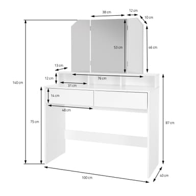 Klädbord med 3-delad fällbar spegel 100x40x140 cm vit spånskiva ML-Design
