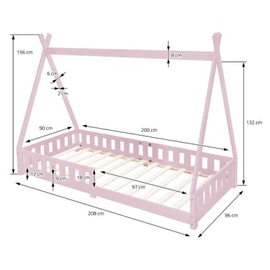 Barnsäng Tipi Pink Fall-Out Protection Trä säng hus säng Pine 200x90cm