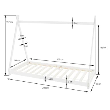 ML Design cot tipi 90 x 200cm med slatt ram, vit, indisk säng gjord av massivt