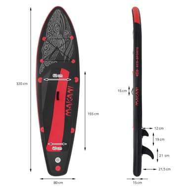 Uppblåsbar Stand Up Paddle Board Makani 320x82x15 cm Svart Röd PVC