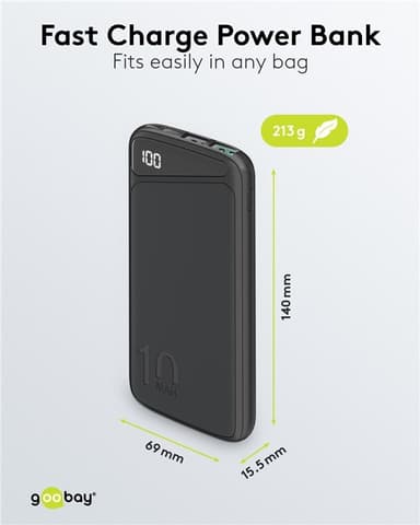 Goobay Snabbladdning Powerbank 10.000 mAh (USB-C™ PD, QC 3.0)