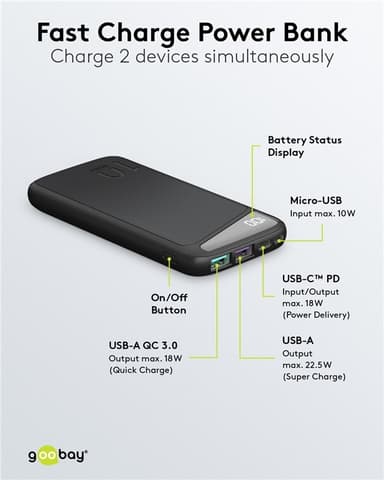 Goobay Snabbladdning Powerbank 10.000 mAh (USB-C™ PD, QC 3.0)