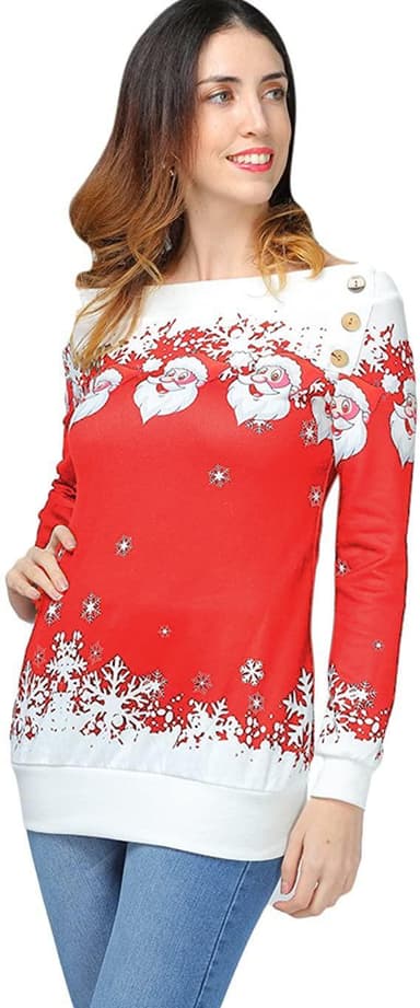 INF Off-shoulder tjocktröja med julmönster - Stl S, Röd