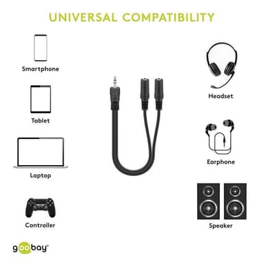 Goobay 3,5 mm ljud Y-kabel adapter, 1x manlig till 2x kvinnlig stereo