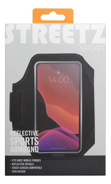 STREETZ Sport armband, reflective, fits up to most 6.5", thin, black