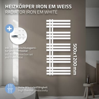 ECD Germany Design Handduk Iron EM - 500 x 1200 mm - vit- radiator handdukstork
