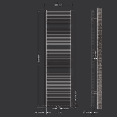 Badrumsradiator - 500 x 1800 mm - vit - rak med central anslutning