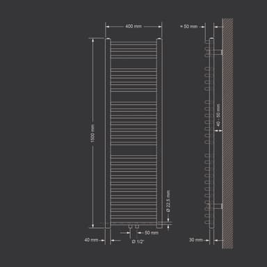 Handdukstork radiator 400x1500 mm, medium anslutning Vit