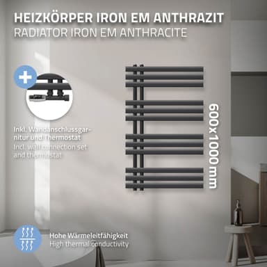 ECD Germany Design Handduk Iron EM - 500 x 1600 mm - antracit - radiator