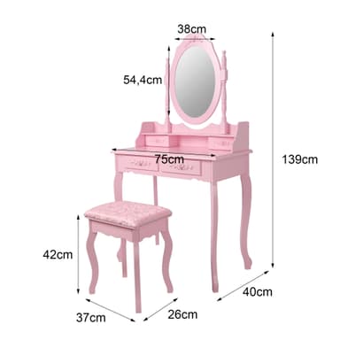 ML Design dressing bord rosa, toalettbord med spegel, pall och 4 lådor,