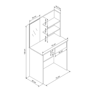 ECD Germany Modernt toalettbord med spegel, låda, 2 fack, 75x40x135cm, svart,