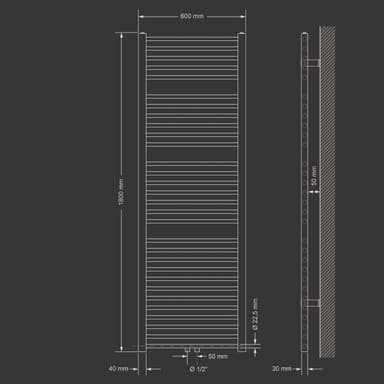 Badrumsradiator - 600 x 1800 mm - vit, central anslutning