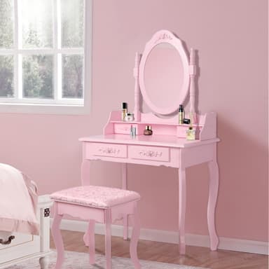 ML Design dressing bord rosa, toalettbord med spegel, pall och 4 lådor,