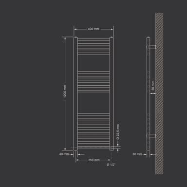 Badrumsradiator - 400 x 1200 mm - vit, sidoanslutning