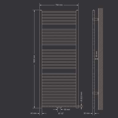 ECD Germany badrumsradiator - 750 x 1800 mm - vit, central anslutning