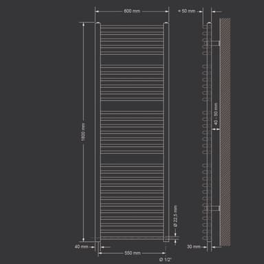 600x1800 mm Vit Böjd Handduk Radiatorer sidesterminalen 1200W värmare
