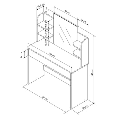 ECD Germany Modernt toalettbord med spegel, låda, 4 fack, 108x40x140 cm, vit,