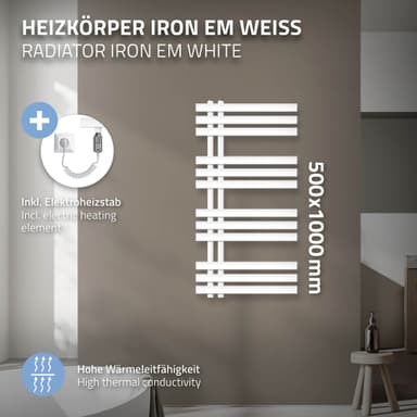 500X1000 mm Iron EM Handdukstork Elektrisk radiator Vit 600W