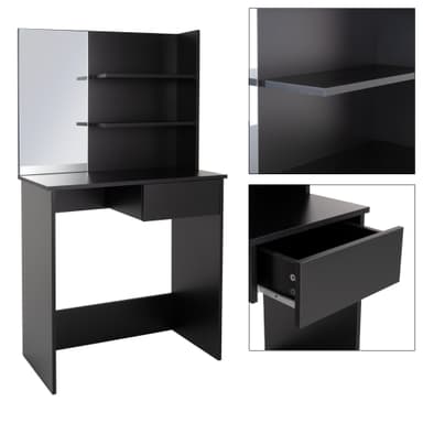 ECD Germany Modernt toalettbord med spegel, låda, 2 fack, 75x40x135cm, svart,