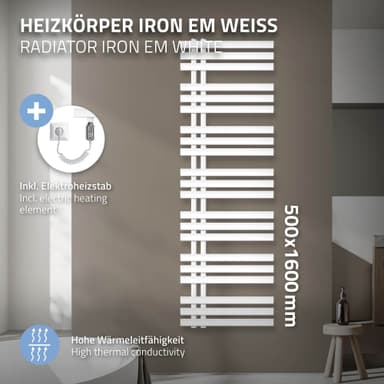 500X1600 mm Iron EM Handdukstork Elradiator 1200W vit