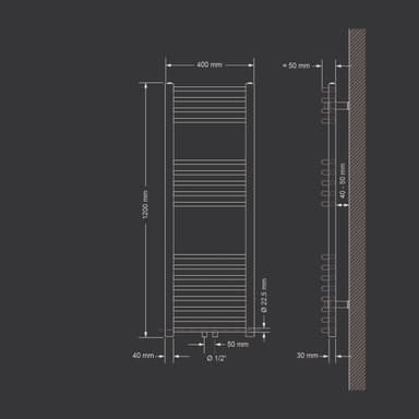 Badrumsradiator - 400 x 1200 mm - vit - böjd med central anslutning