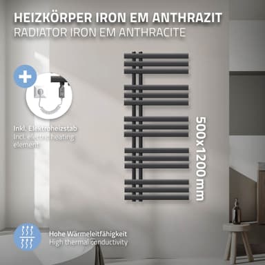500X1200 Järn EM kylare Handdukstork Elektrisk kylare Antracit 900W