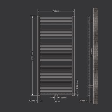 Badrumsradiator Sahara 750x1500 mm antracit böjd med central anslutning