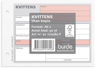 BURDE Blankett Kvitto / Kvitens A6 L 50 blad  I block